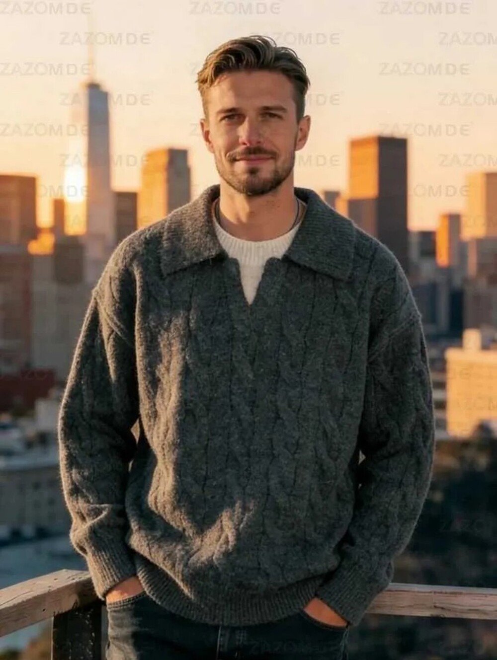 Vamtac Men's Gray Cable Knit Sweater